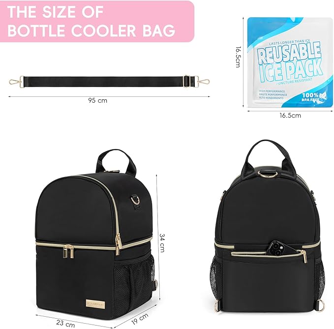 Breastmilk Cooler Travel Bag – 2-in-1 Pump & Bottle Compartments | Insulated for 8 Hours with 2 Gel Ice Packs | Waterproof, Fits 9oz Bottles | Convertible Backpack & Shoulder Bag