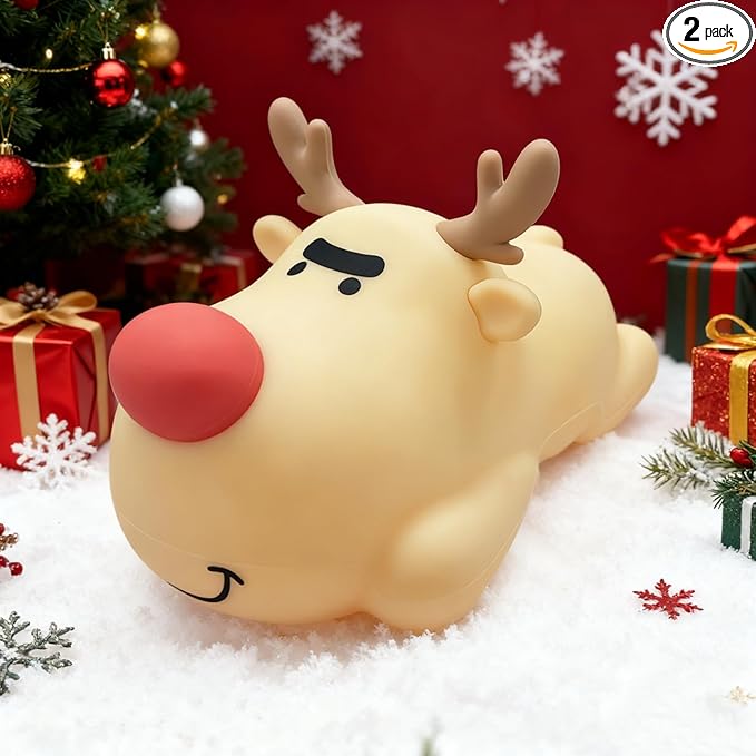 Eco-Friendly Reindeer Night Light - Energy Efficient LED Desk Lamp, Rechargerable Dimmable Nursery Soft Touch Bedside Baby Squishy Night Light, Portable Nightlight for Adults/Kids