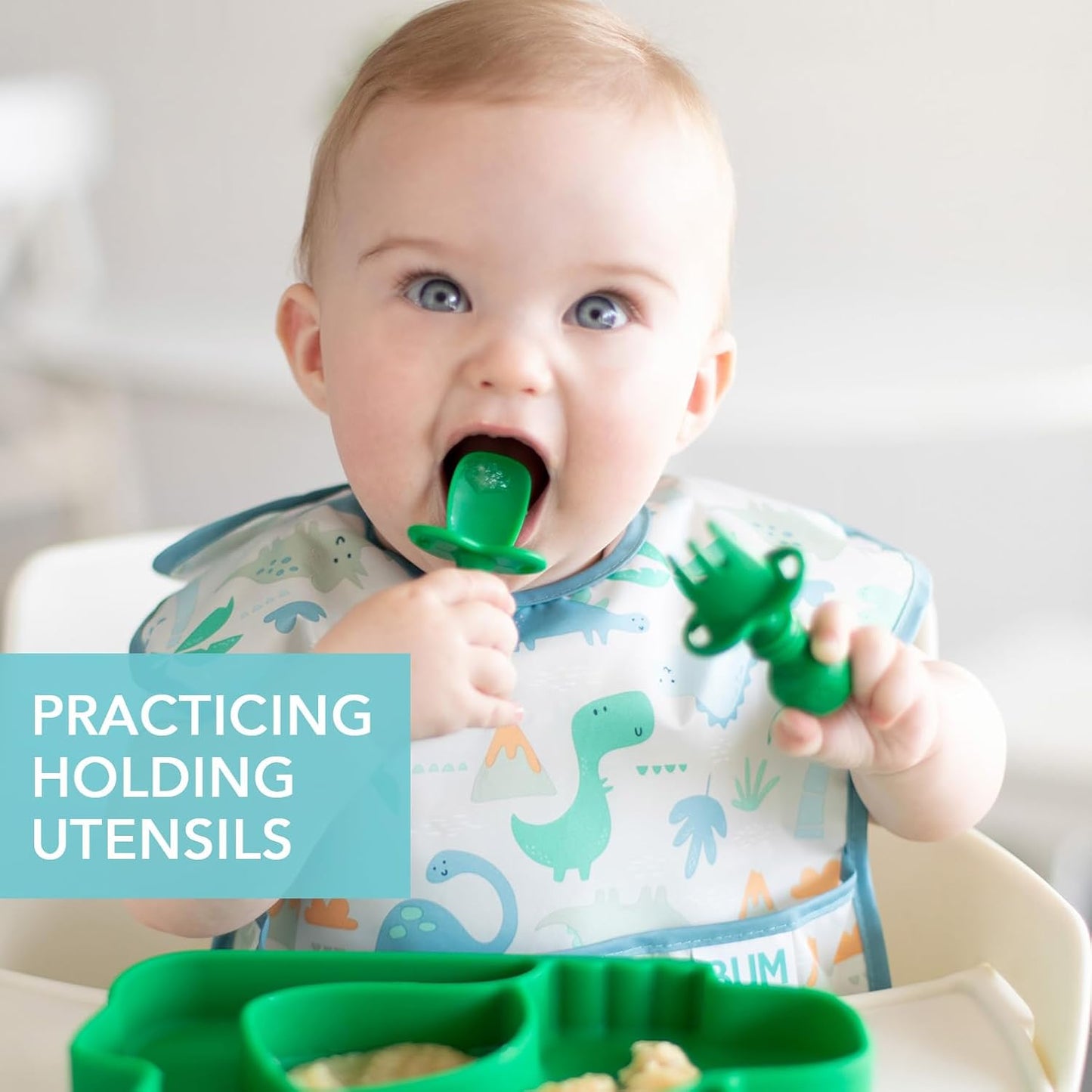 Bumkins Baby Utensils Set, Chewtensils Silicone Spoons for Dipping, Self-Feeding, Baby Led Weaning, Trainer Learning, First Stage Eating, Soft Practice Fork and Spoon, Babies 6 Months, Jade Green