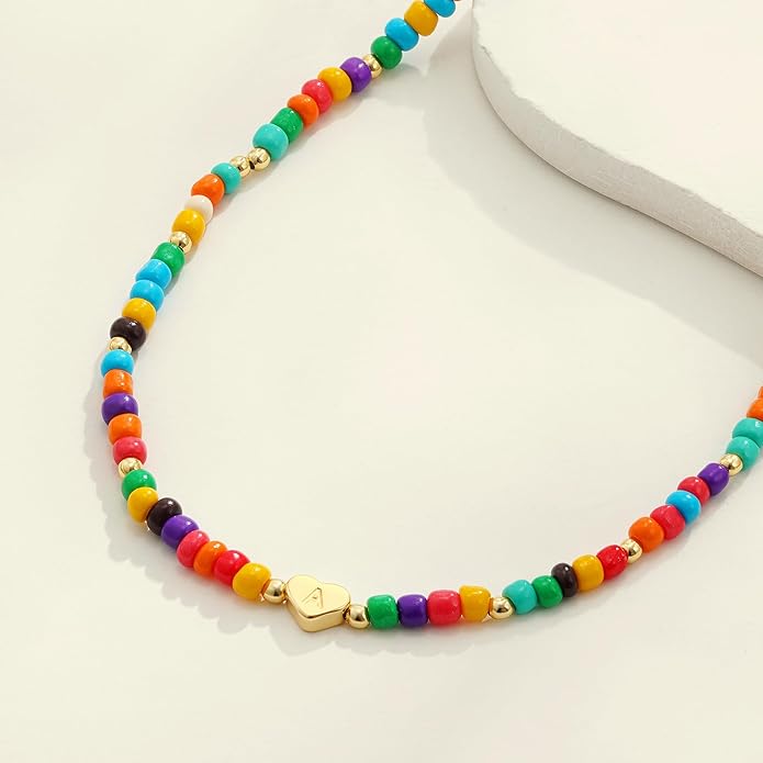 Colorful Heart Initial Necklaces for Girl Kids - 18K Gold Filled Colorful Bead Initial A-Z Letter Necklace Teen Girls Gifts Trendy Stuff Birthday Gifts for 5 6 7 8 9 10 Year Old Girls Gift