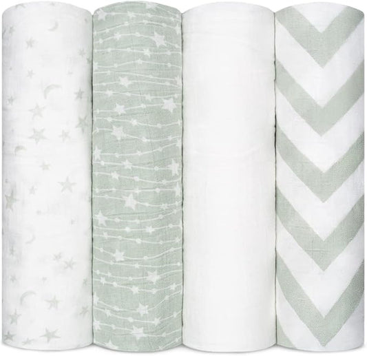 Comfy Cubs Muslin Swaddle Blankets Pack of 4, 47 x 47 Inches, Soft Cotton Baby Blanket Set, Large Multipurpose Swaddling Wraps for Newborns - Self-Soothing Swaddle - Green