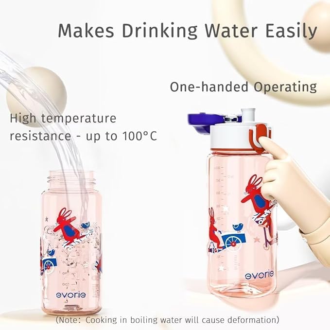 Evorie Kids Water Bottle for School, No Straw 13oz BPA Free Tritan Bottle, Leak Proof with Flip Top Lightweight for Outdoor (Red Rabit)