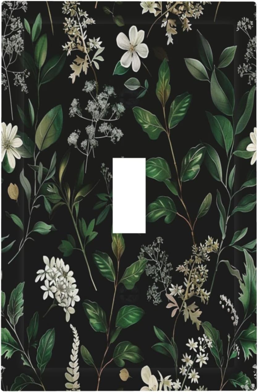 Decorative Switch Covers Plate Rustic Green Leaves White Flower 1 Gang Wall Plate Unique Single Toggle Wall Cover Plate Jumbo Electrical Light Switch Plate Faceplate for Country Home Decor