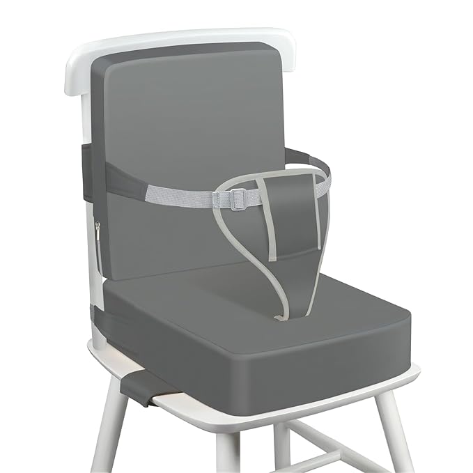 Toddler Booster Seat for Dining Table with Adjustable Straps, Kids Booster Seat for Kitchen Chair with Non-Slip Bottom, PU Anti-Scratch Portable Detachable Increasing Cushion (Dark Grey)