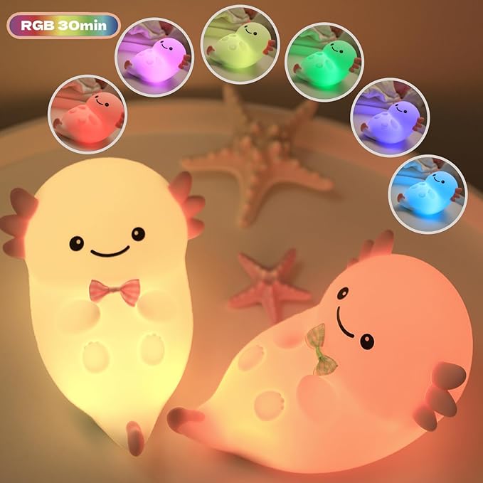 Cute Pink Axolotl Night Light, LED Squishy Night Lamp, Dimmable Timer Nursery Nightlight for Kids, Rechargeable Touch Lamp, Dorm Decor, Kids Funny Gifts (Pink Axolotl)
