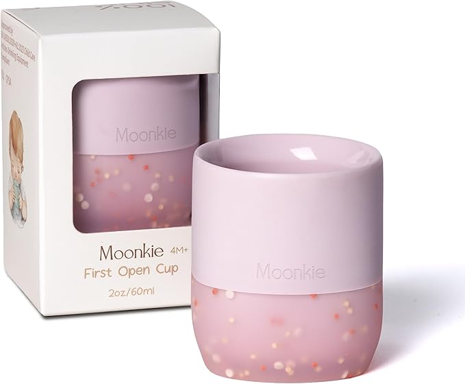 Moonkie Silicone Baby Cup 4 Months+ | Tiny Open Training Cup for Infants with Confetti Sprinkles | Baby-Led Weaning Essential | 2 oz (Soft Lilac, 1 Pack)