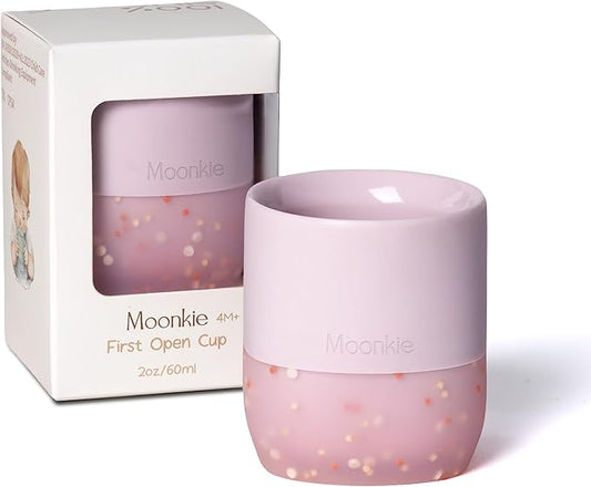 Moonkie Silicone Baby Cup 4 Months+ | Tiny Open Training Cup for Infants with Confetti Sprinkles | Baby-Led Weaning Essential | 2 oz (Soft Lilac, 1 Pack)