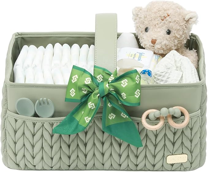 Luxurious Baby Diaper Caddy, Nursery Storage Basket for Newborn Essentials, Travel Baby Basket for Diapers Baby Wipes, Organizer Tote Bag Storage Bin, Baby Shower Gifts(Sage Green)