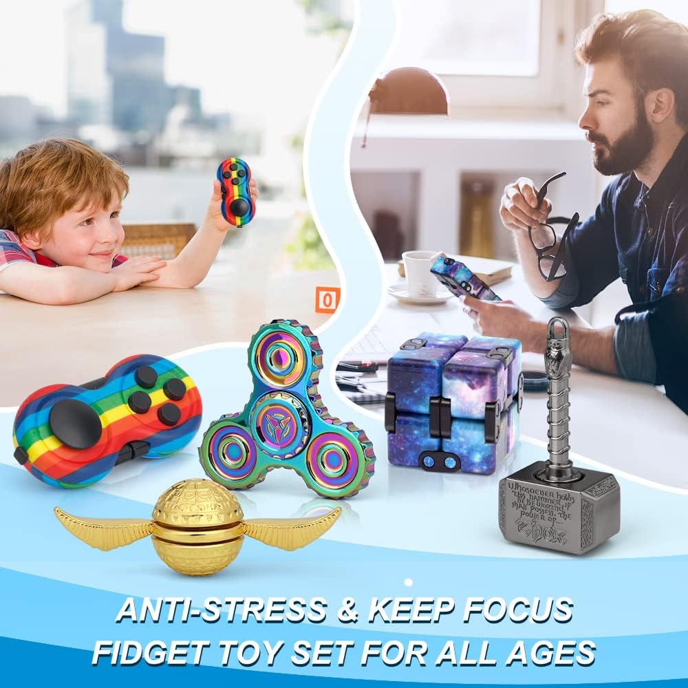 Cool Fidget Toys Set for Kids Adults, Wizard Fidget Spinner, Hammer Finger Hand Spinner, Infinity Cube, Rainbow Fingertip Gyro, Fidget Pad, Gifts for Stress Relief Party Favors Goody Bag Fillers