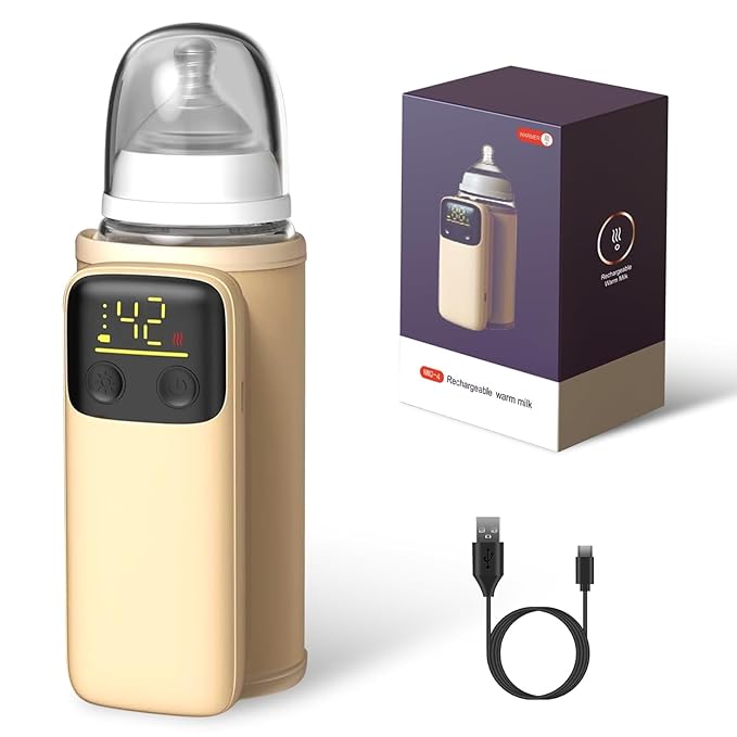 Portable Baby Bottle Warmer - 6-Temp Fast Heating Travel Warmer with Night Light | Universal Fit for Most Bottles | Rechargeable & Leak-Proof | Perfect for Car, Diaper Bag & Overnight Use