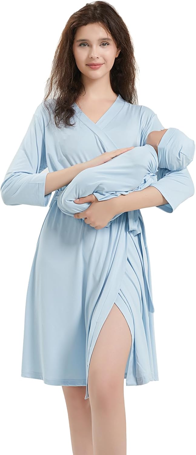 Galabloomer Maternity Robe and Baby Receiving Blanket, Matching Mommy Labor Delivery Robe and Swaddle Set (m, baby blue)