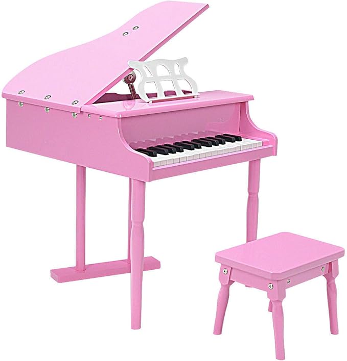 Goplus 30-Key Classical Kids Piano, Mini Grand Piano Wooden Learn-to-Play Musical Instrument Toy with Bench, Piano Lid, Music Rack, Gift for Boys Girls Aged 2+ Baby Toddler (3 Straight Leg-Pink)