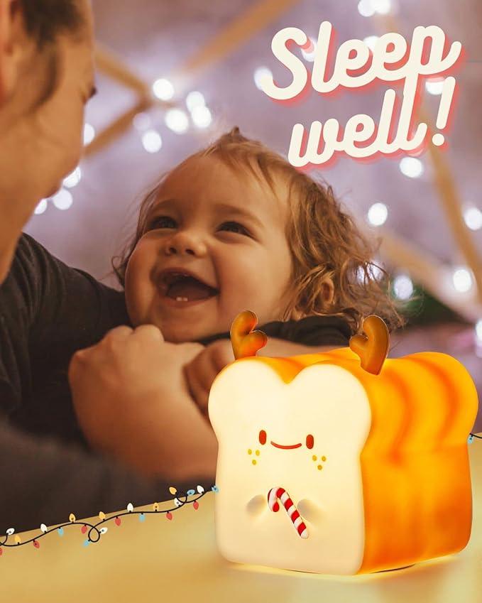 Cute Christmas Gifts for Women, Girl, Deer Toast Lamp Bread Night Light, Battery Powered USB Rechargeable, Touch Senser, 1 Hour Timer, Portable Silicone Kids Nightlight for Nursery