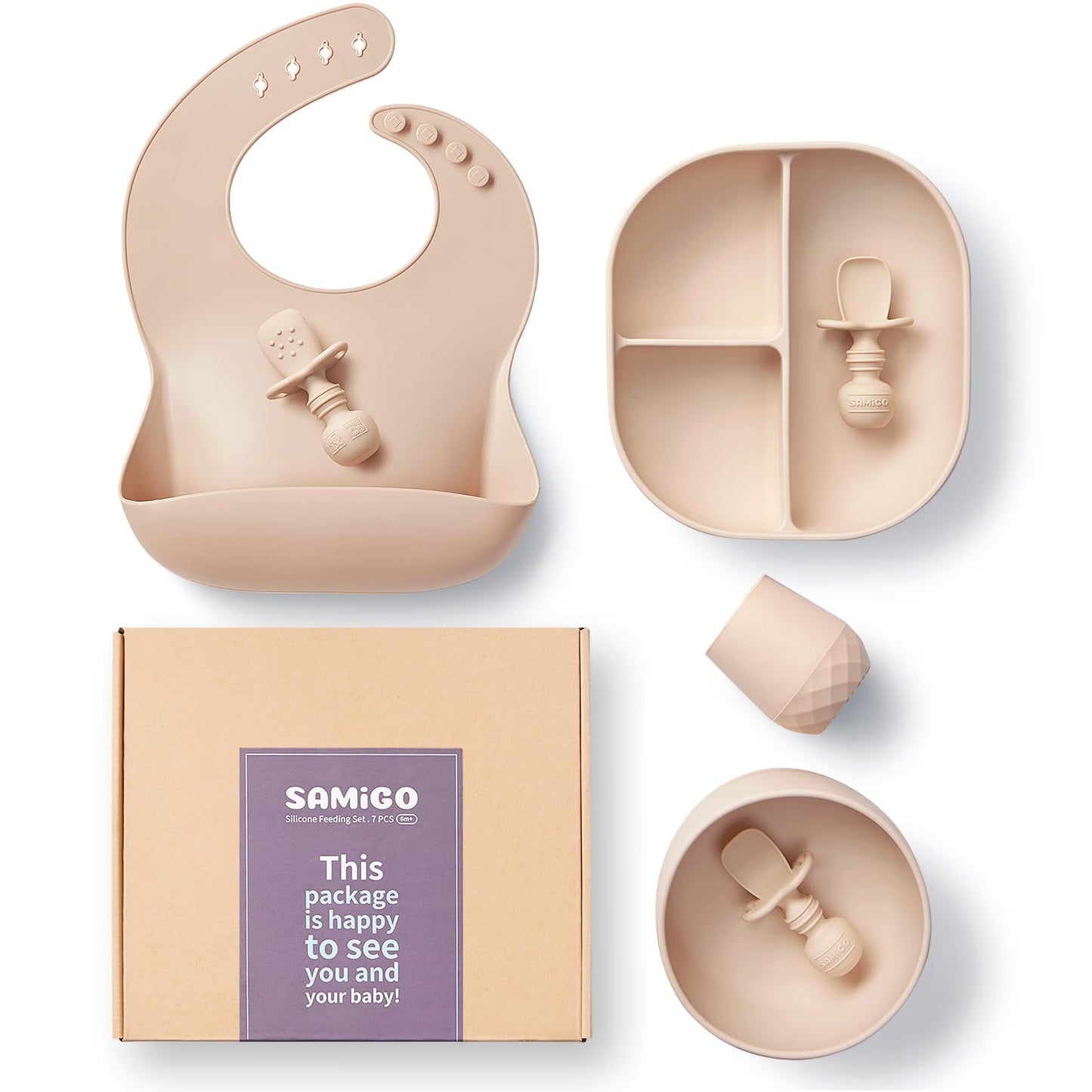 SAMiGO Silicone Baby Feeding Set, Suction Plate Bowl Set, Self Feeding Spoons, Bib, Cup, Baby Led Weaning Supplies, First Stage Feeding Essentials, Food Eating Utensils, 6+ Months