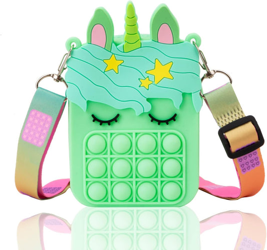 Civan Small Pop Purse, Green Bags Kids Girls Toys Unicorn Pop Purse for Girl and Women Pop Bag Unicorn Pop Toy, Shoulder Bag Fidget Toys Pop Fidget Backpack Toy for ADHD Anxiety