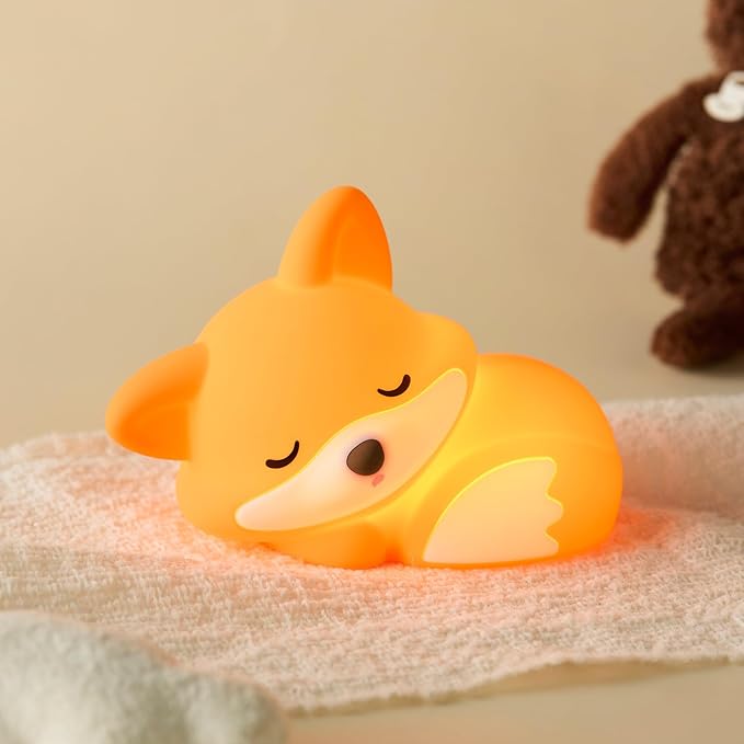 Cute Fox Night Light, Animal Lamp, Food Grade Silicone, Rechargeable, 2 Level Dimmable, Squishy Nursery Nightlight for Desk Decor, Funny Gifts Stuff for Boys Girls Baby, White Elephant Gifts