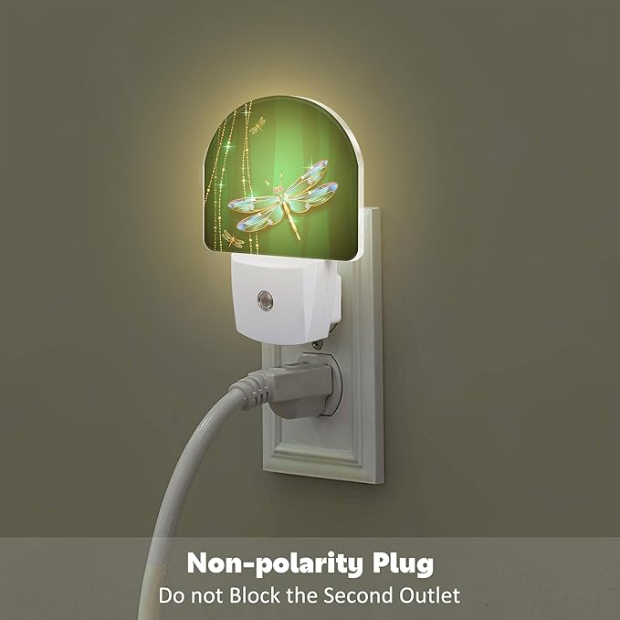 Green Jewel Dragonfly Night Light for Kids,Luxuxy Gold Dragonfly Night Light Plug in with Dusk to Dawn Sensor,0.5w Energy Saving Sleep Friendly Nightlight for Hallway Stairway Kitchen Bedroom