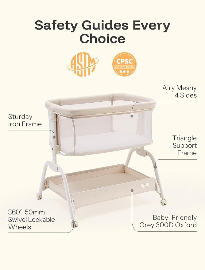 HARPPA Cuddly Bassinet, 2 in 1 Baby Bassinet with Breathable Mesh and Mattress, 6 Height Adjustable, Bedside Sleeper with Anchor Strap, Storage Basket and Wheels, Beige