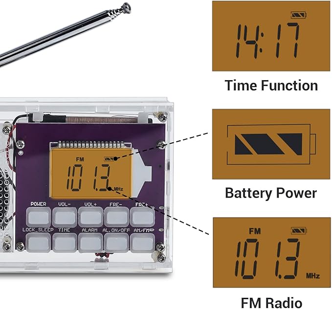 ICSTATION DIY Radio Kit - FM Assemble Kit with Time Display, Rechargeable, 87-108MHZ, No Soldering Required, Assembly Project for Adults & Students, STEM Education