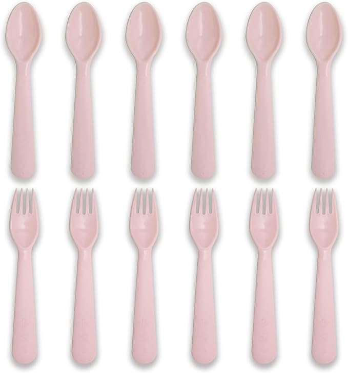 12 Pcs Kids Spoons and Forks Toddler Utensils Plastics Reusable Silverware Baby Cutlery Set Feeding Dinnerware Utensils BPA Free Microwave Dishwasher and Freezer Safe- Pink