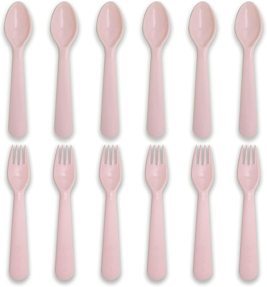 12 Pcs Kids Spoons and Forks Toddler Utensils Plastics Reusable Silverware Baby Cutlery Set Feeding Dinnerware Utensils BPA Free Microwave Dishwasher and Freezer Safe- Pink