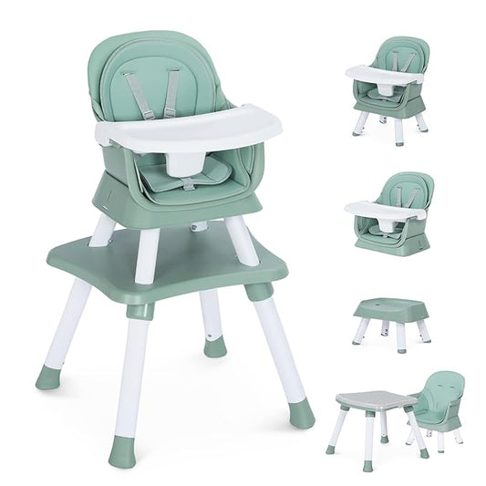 8 in 1 Baby Highchair, Convertible High Chair for Babies and Toddlers, Booster Seat w/5-Point Safety Belt, Toddler Building Block Table, Dishwasher Safe Tray, No Tool Install, Green