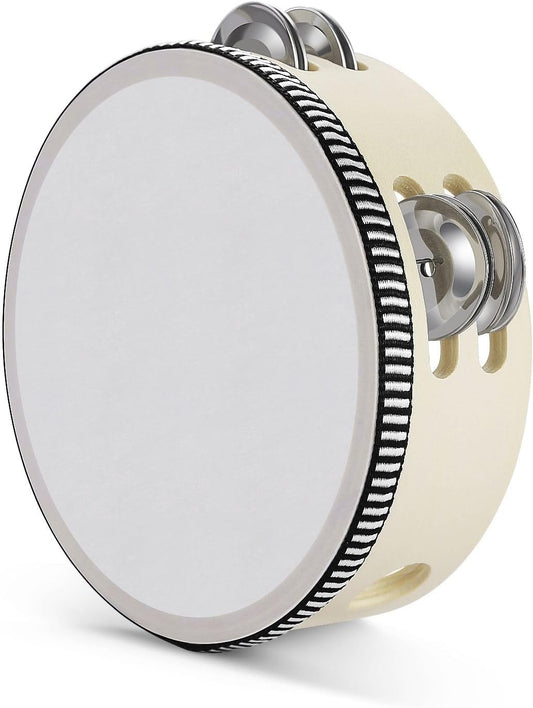 Flexzion Wood Handheld Tambourine Adults 6-Inch Double Row 8-Pair Jingles (Wood) - Percussion Round Tamborines Musical Instrument with Metal Zills