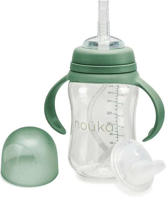 nouka Tritan Plastic Transitional Sippy Cup with Weighted Straw | Leak Proof and Easy Grip | Removable Handles | Fern
