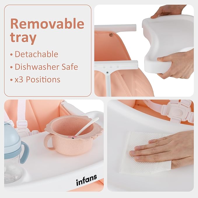 INFANS Baby High Chair, Quick Folding Portable Highchair for Babies and Toddlers with Adjustable Footrest Removable Dishwasher Tray PU Seat, Compact Highchairs for Baby Age 6-36 Months (Pink)