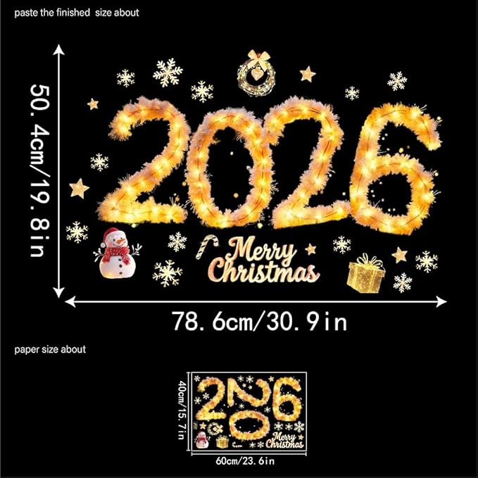 Christmas Window Stickers Clings Cute Snowman Snowflake Winter Golden Light String Pattern Window Decal Decoration Glass Windows Sticker for Xmas 2026 New Year Party Decor Accessories