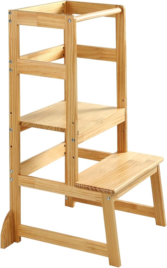 Kitchen Step Stool for Toddlers,Wiifo Adjustable Height Kids Learning Stool, Toddler Standing Tower(Natural)
