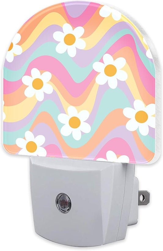 Groovy Hippie Daisies Flowers Night Light for Kids,Retro Rainbow Wavy Floral Night Light Plug in with Dusk to Dawn Sensor,0.5w Energy Saving Nightlight for Hallway Stairway Kitchen Bedroom