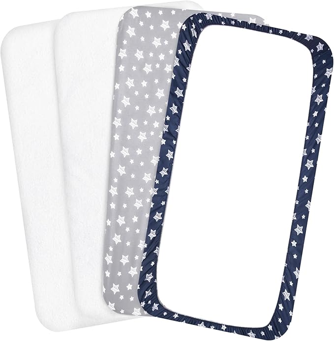 Crib Sheets & Waterproof Crib Mattress Protector for Boys 4 Pack Set, Viscose, Waterproof Crib Sheets Mattress Pad Cover, Grey & Navy