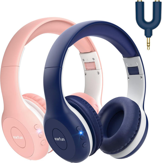 EarFun 2Packs Kids Bluetooth Headphones, K2 Kid Headphone with Volume Limited, 40H Playtime, Built-in Mic, Stereo Sound, Foldable Over-Ear Headphones for Kids/School/Travel