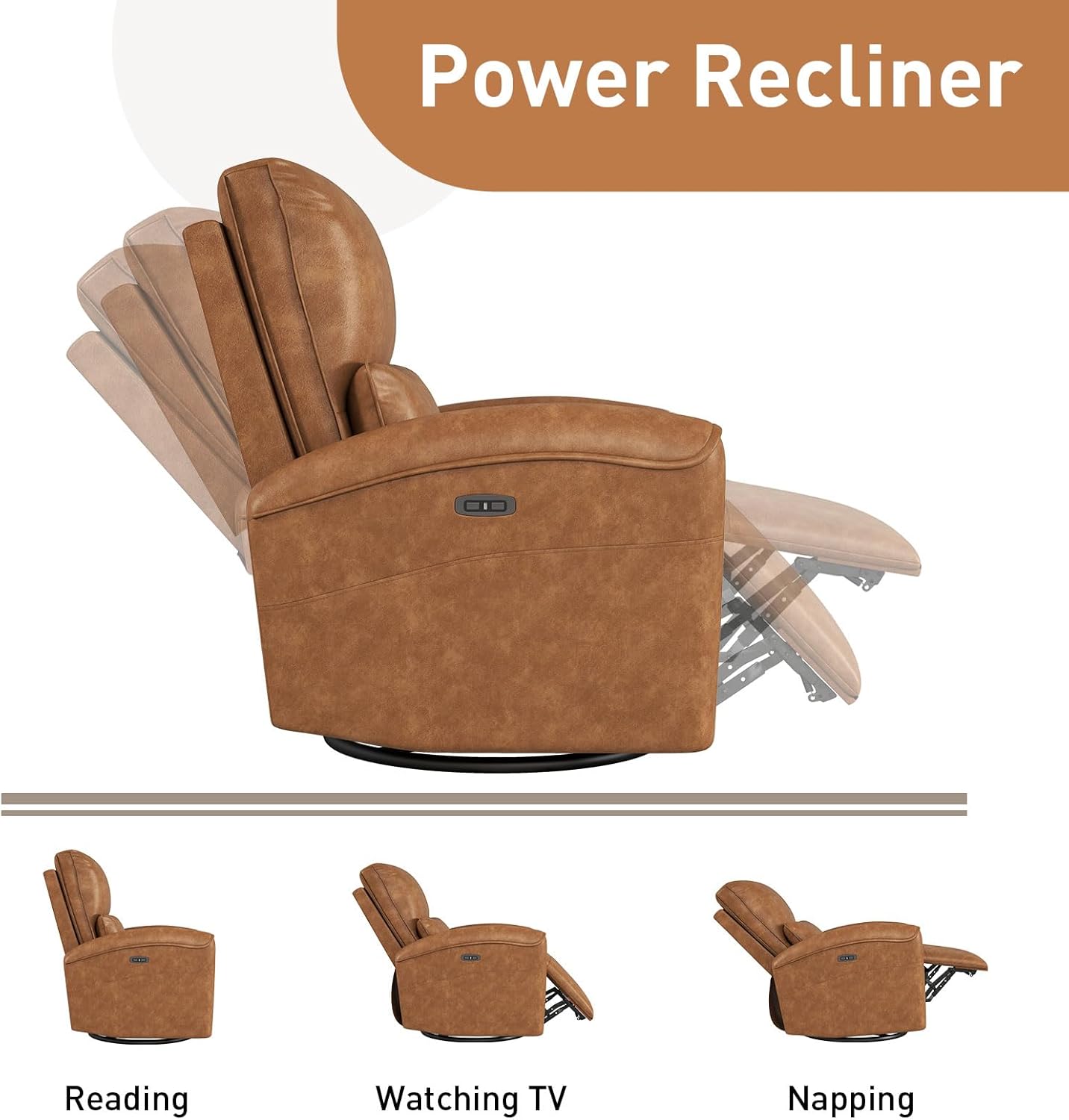 Bonzy Home Power Swivel Rocker Recliner Chair with USB Port, 23.2" Wide Seat, Fixed Lumbar Support, Upholstered Glider Chair for Nursery Living Room, Brown