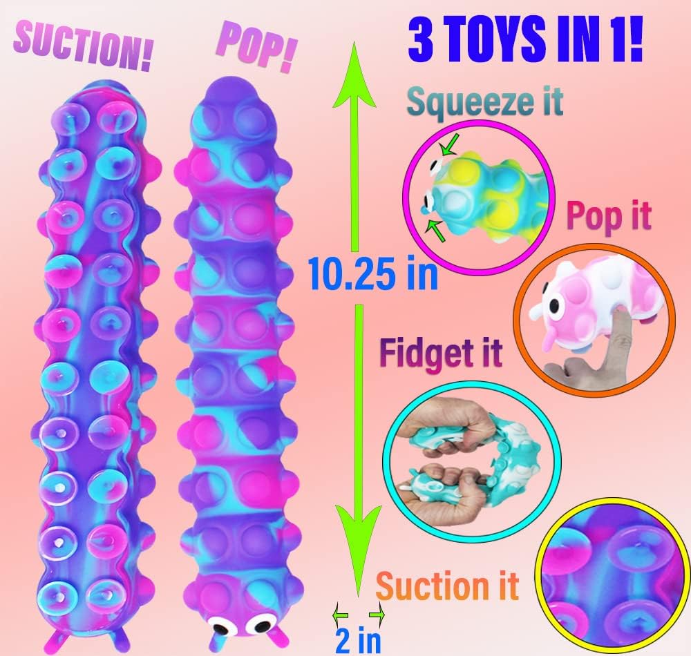 Squidopop Pop It Baby Toddler Suction Bath Toys Child Fidget Sensory Toy Caterpillar Animal Fidgets (4 Pack, Pop It Squidopop)