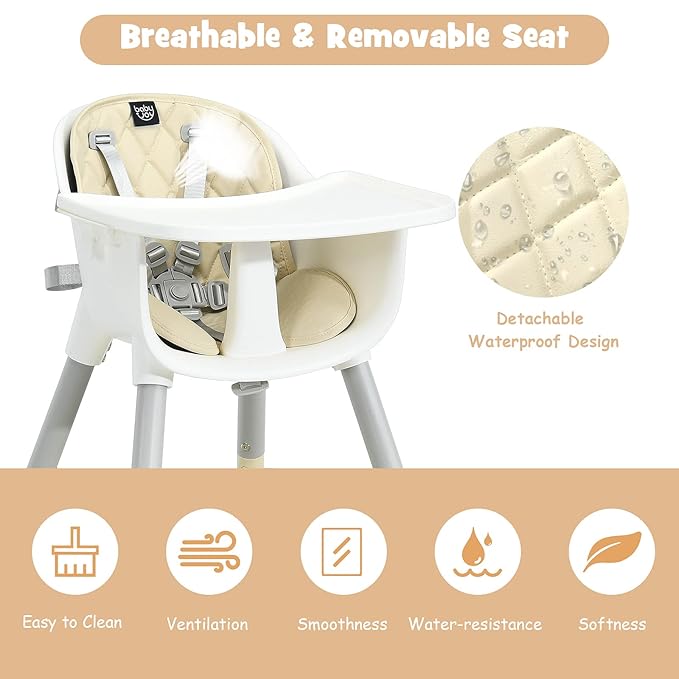 BABY JOY High Chair, 5 in 1 Convertible Highchair for Babies & Toddlers | Booster Seat | Table and Chair Set | Infant Feeding Chair with Removable Tray, Safety Harness, Removable Cushion (Beige)