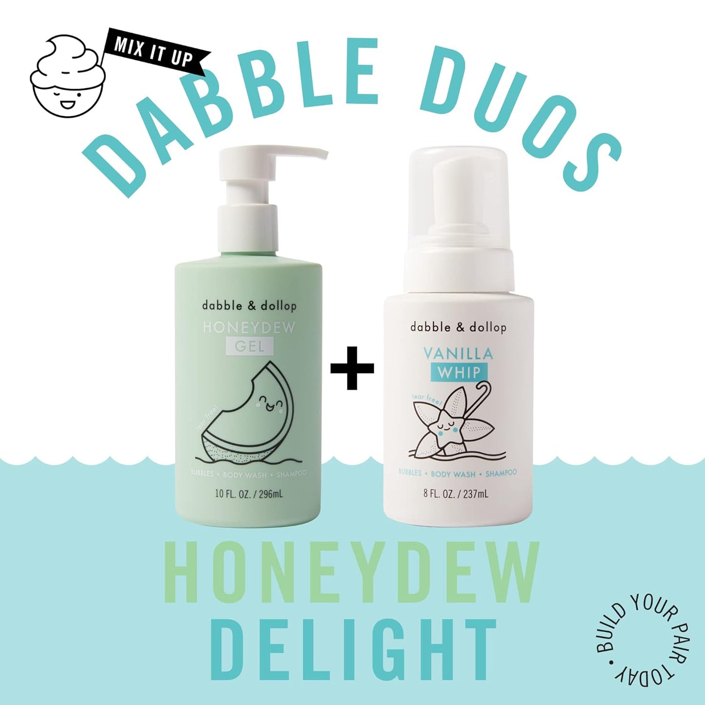 Dabble & Dollop Honeydew Melon + Vanilla Body Wash & Shampoo – 3-in-1 Natural Bubble Bath for Kids, Made in USA, No Parabens or Sulfates, Vegan, Gluten-Free, Tear-Free (2-Pack)