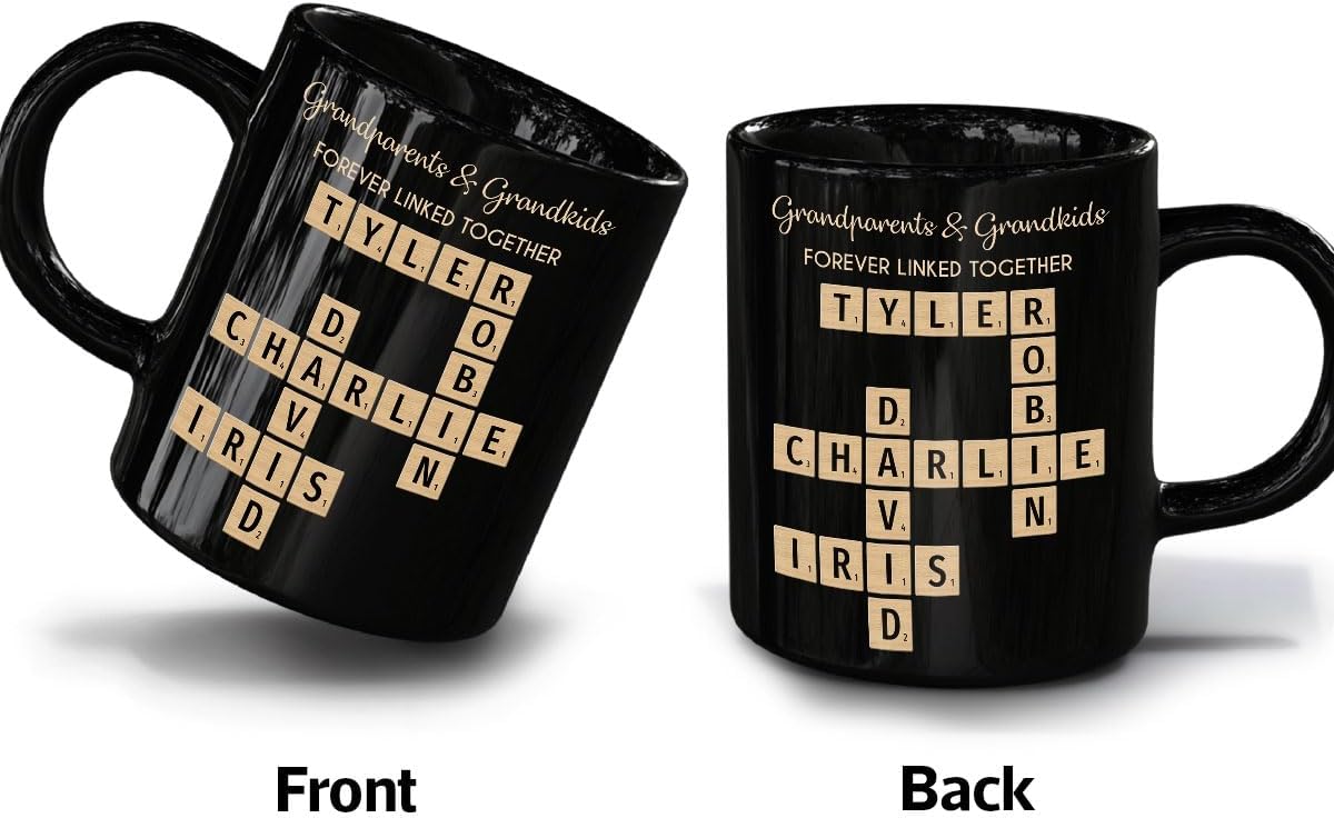 Family Forever Linked Together Custom Names Ceramic Mug, Crossword Puzzle Art, for Birthday, Anniversary or Special Occasions (Grandparents & Grandkids Forever Linked Together Black Mug)