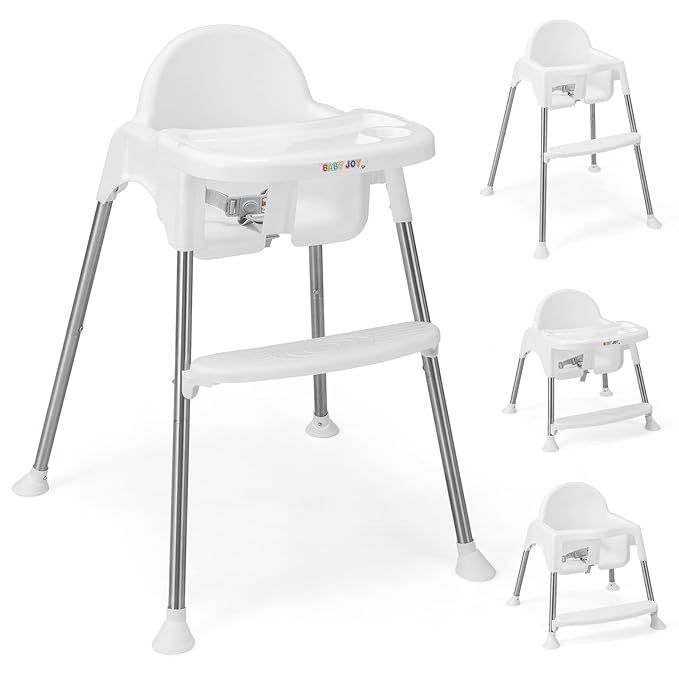 BABY JOY Baby High Chair, 4 in 1 Convertible Highchair for Babies & Toddlers with Adjustable Legs, Double Removable Tray, Safety Harness & Footrest (White)