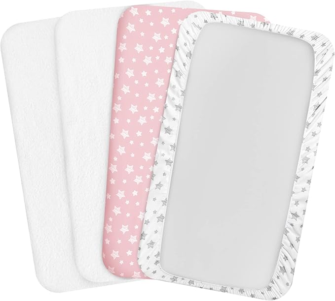 Pack and Play Sheets & Waterproof Terry Pack N Play Mattress Protector Pad Cover 4 Pack, Viscose Terry Pack N Play Sheets Set, Grey & Pink