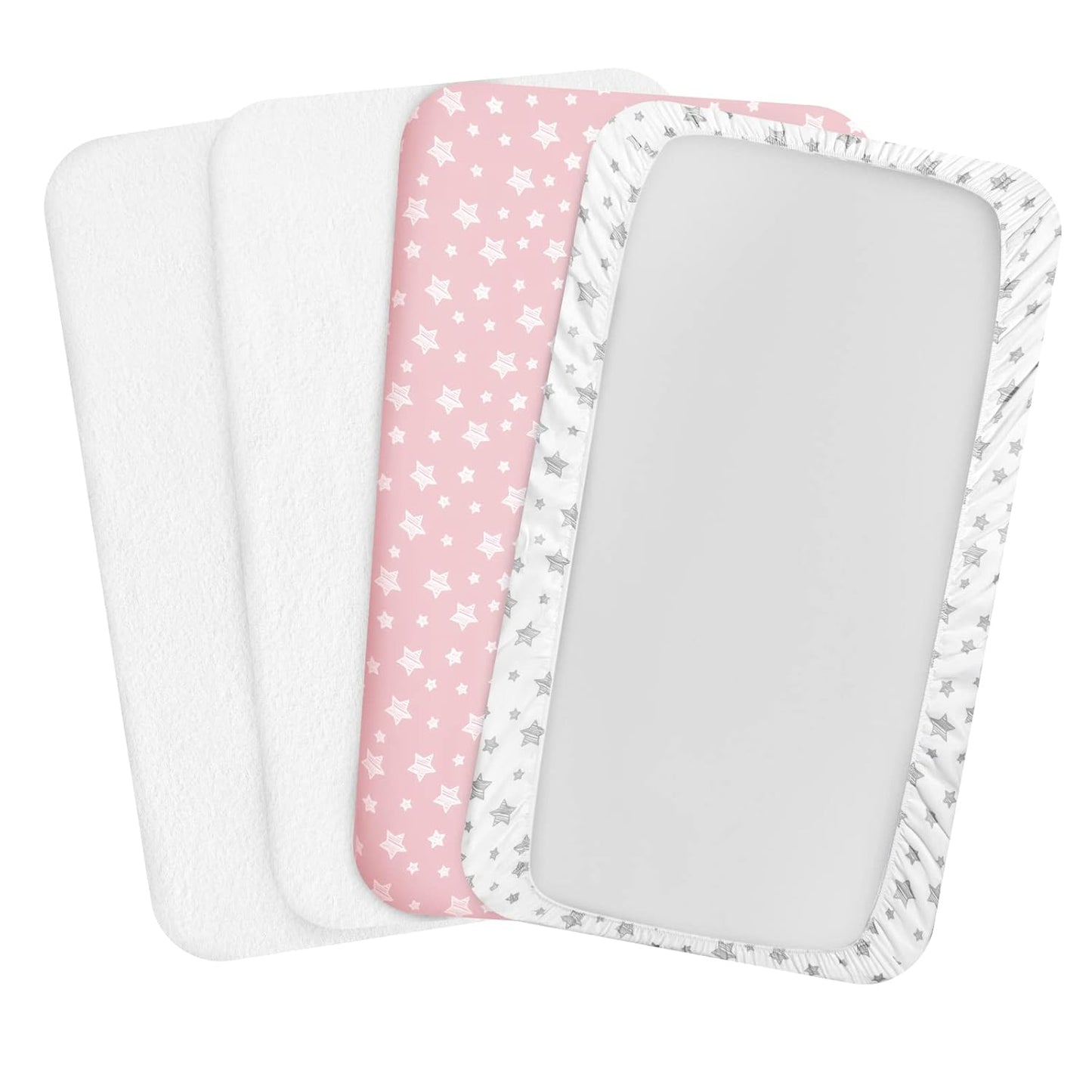 Pack and Play Sheets & Waterproof Terry Pack N Play Mattress Protector Pad Cover 4 Pack, Viscose Terry Pack N Play Sheets Set, Grey & Pink