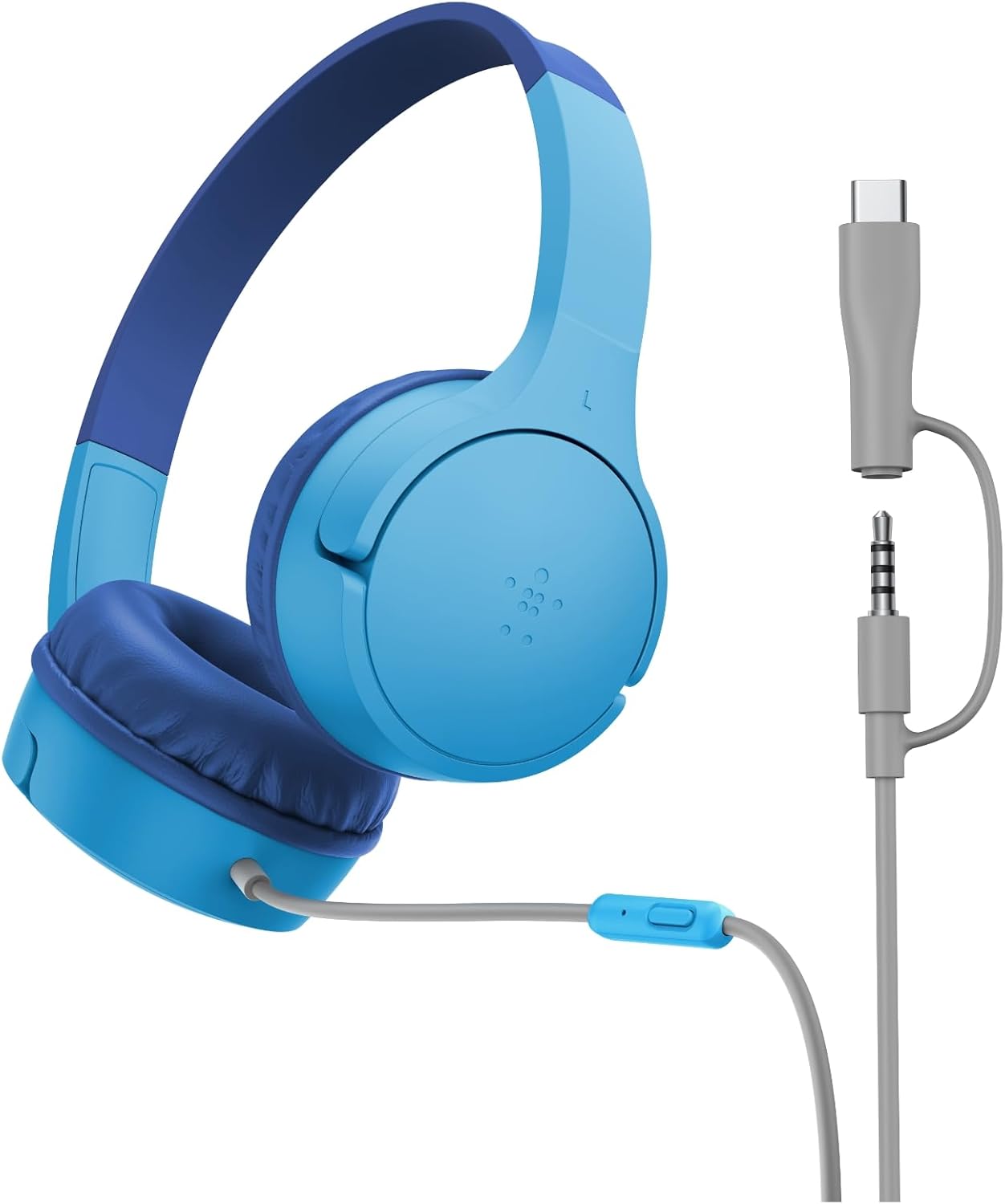 Belkin SoundForm Mini Kids Wired Headphones w/USB C to 3.5mm Dongle, Built-in Mic & Fun Stickers, 85dB Max Volume – for Online Learning, Travel, Compatible w/iPhone 16, iPad, Galaxy S25, etc - Blue