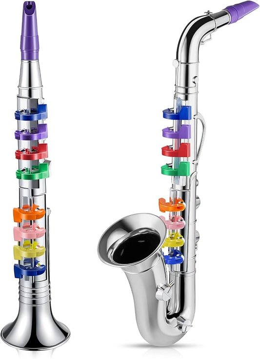 Amylove Set of 2 Musical Instruments for Kids Including Toy Saxophone and Kids Clarinet Plastic Toy Instruments Saxophone Clarinet with 8 Colored Keys Educational Home School Music Gift(Silver)