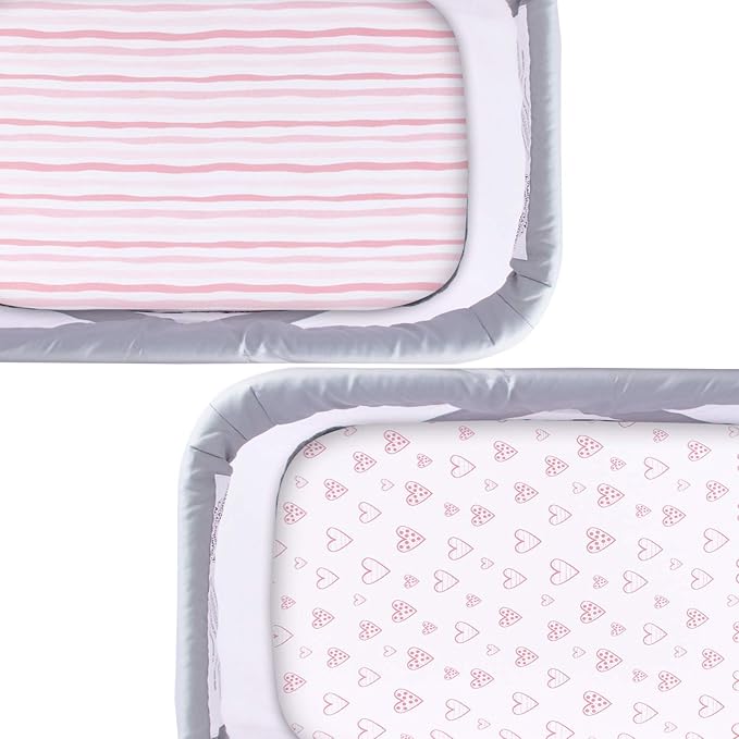 Bassinet Sheets Compatible with AirClub, GoFirst and MiClassic Bassinet Bedside Sleeper, 2 Pack, 100% Jersey Knit Cotton Fitted Sheets, Pink Stripes and Hearts Print for Baby Girls
