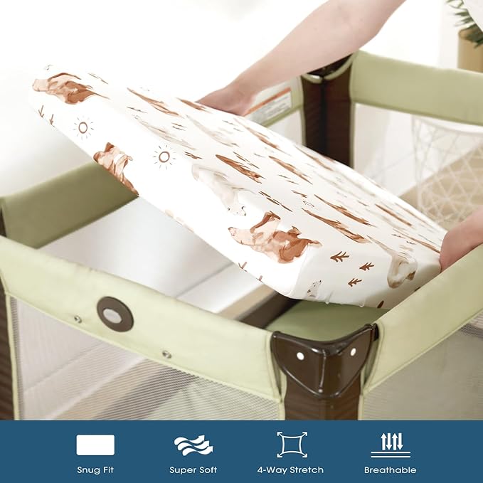 Stretchy Ultra Soft Jersey Knit Pack n Play Sheets Set 2 Pack, Portable/Mini Crib Sheets for Boys and Girls, Universal Fit for Pack N Plays Safe and Snug, Stylish Playard Sheets of Cute Animals Print