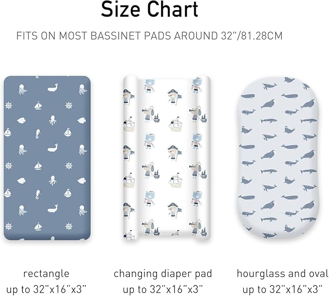 Baby Bassinet Sheets Girl Boy, Stretch Fitted Bassinet Sheet Set 3 Pack Bassinet Mattress Sheets Universal Fit for Rectangle, Round, Oval, Hourglass Mattress, Soft Breathable Blue Ocean Sailor