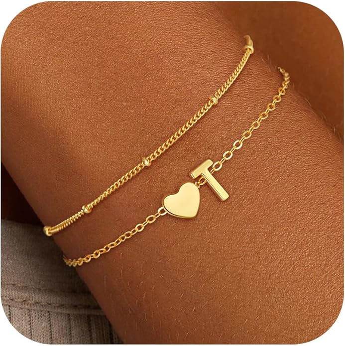 Gold Initial Bracelets for Women Girls - 14K Gold Plated Heart Initial Bracelet Teen Girl Gifts Trendy Stuff Dainty Gold Bracelets for Women Girls Trendy Jewelry Gifts