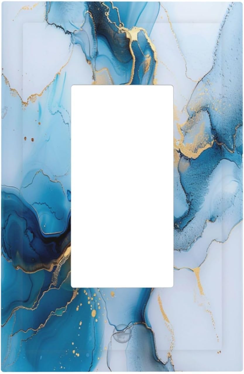 Decorative Outlet Covers Modern Abstract Blue Gold Line Marble 1 Gang Single Decora GFCI Device Light Switch Covers Plate 1 Rocker Wall Plate Jumbo Faceplate for Bedroom Home Decor