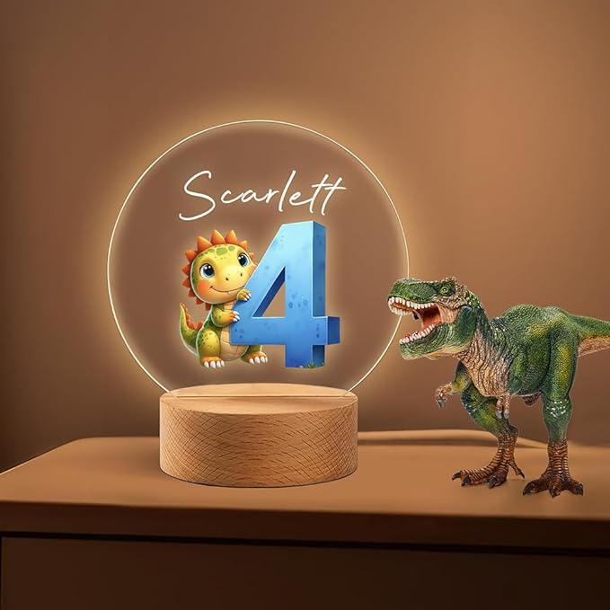 callie Acrylic Night Light Name Plate Personalized, Custom Cute Dinosaur Car with Wooden Base Bedroom Decor, Birthday Gifts Kid Gifts for Family (Cute Cartoon)